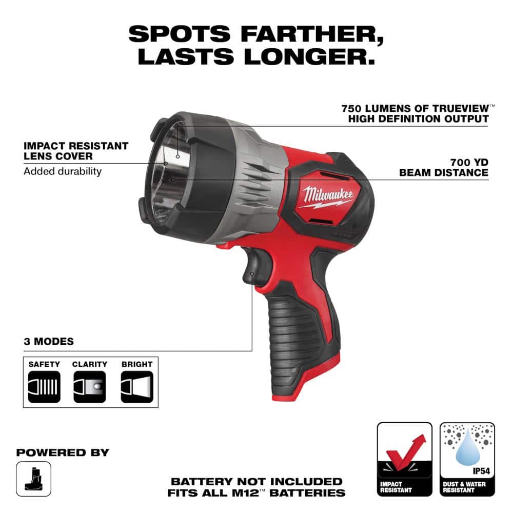 M12 12-Volt Lithium-Ion Cordless 750 Lumens TRUEVIEW LED Spotlight W (1) 2.0 Ah Battery and Charger